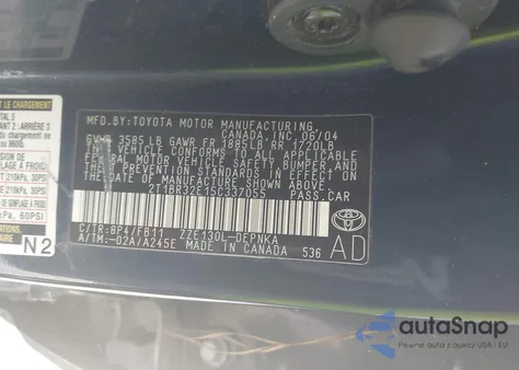 2005 Toyota Corolla Le z USA, uszkodzony, nr VIN 2T1BR32E15C337055